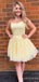 Yellow Tulle Appliques A-line Spaghetti Straps Short Homecoming Dresses, HM1079