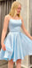 Simple Spaghetti Straps Blue Satin A-line Short Homecoming Dresses, HM1086