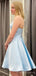 Simple Spaghetti Straps Blue Satin A-line Short Homecoming Dresses, HM1086