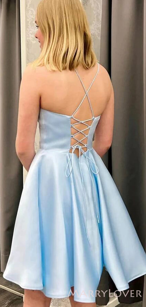 Simple Spaghetti Straps Blue Satin A-line Short Homecoming Dresses, HM1086