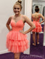 A-line Orange Tulle Spaghetti Straps Short Homecoming Dresses, HM1094