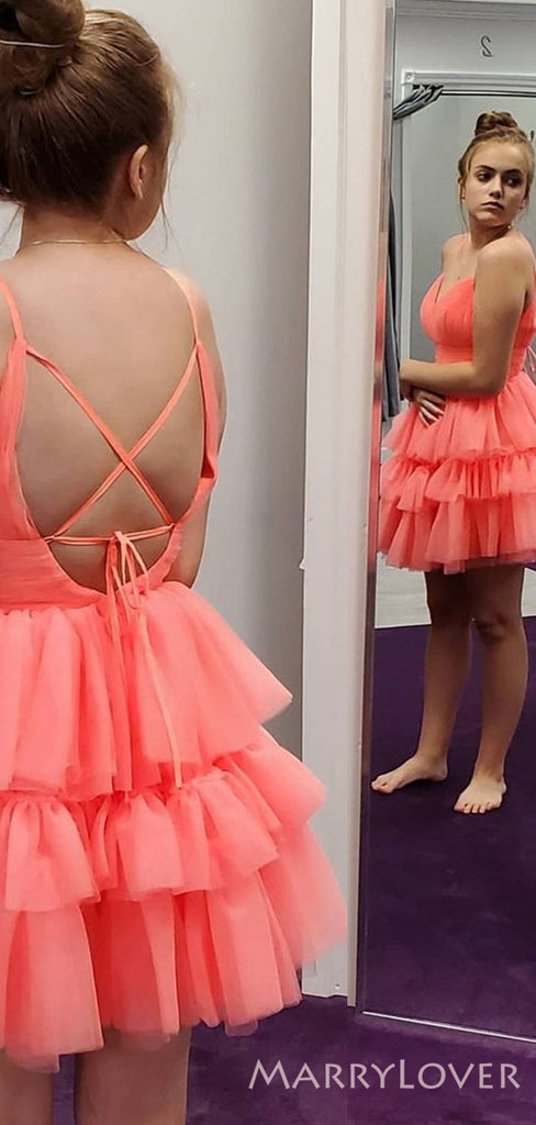 A-line Orange Tulle Spaghetti Straps Short Homecoming Dresses, HM1094