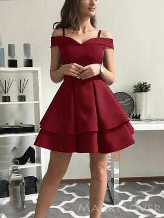 Off Shoulder Spaghetti Straps Satin A-line Short Homecoming Dresses, HM1096