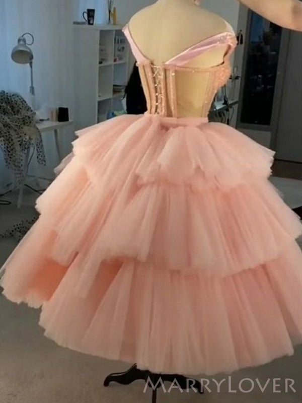 Pink Tulle Beaded A-line Spaghetti Straps Short Homecoming Dresses, HM1104