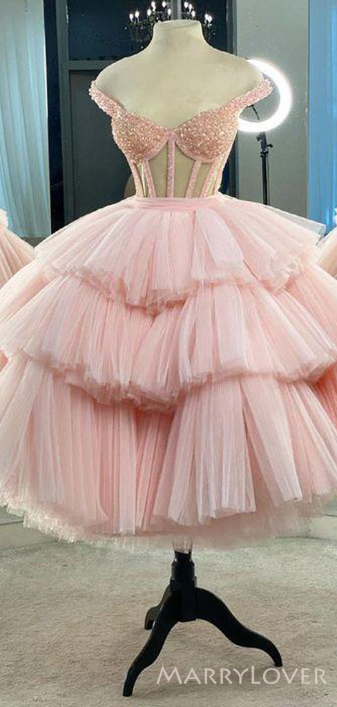 Pink Tulle Beaded A-line Spaghetti Straps Short Homecoming Dresses, HM1104