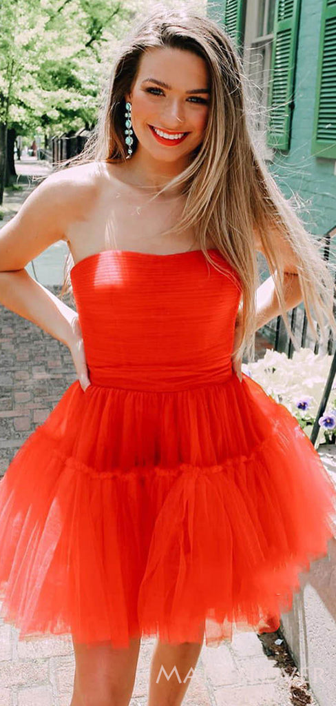 Red Tulle A-line Strapless Short Homecoming Dresses, HM1107