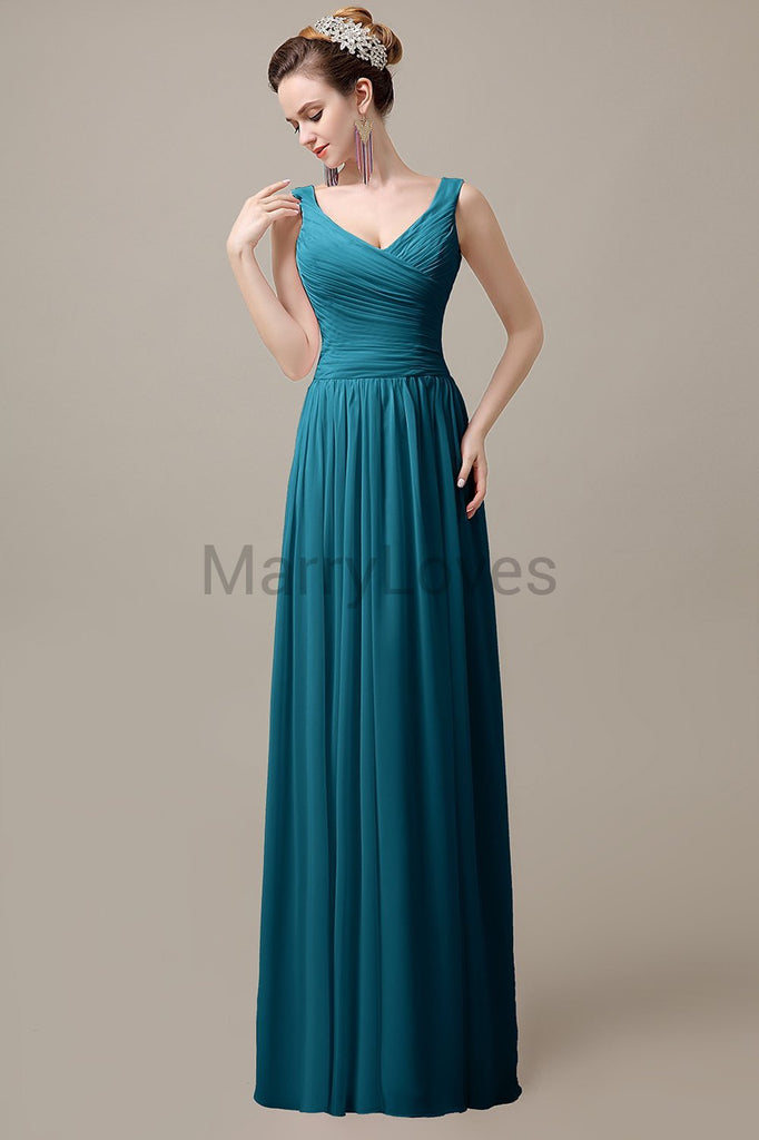 V-Neck Straps Pleats Bridesmaid Dresses