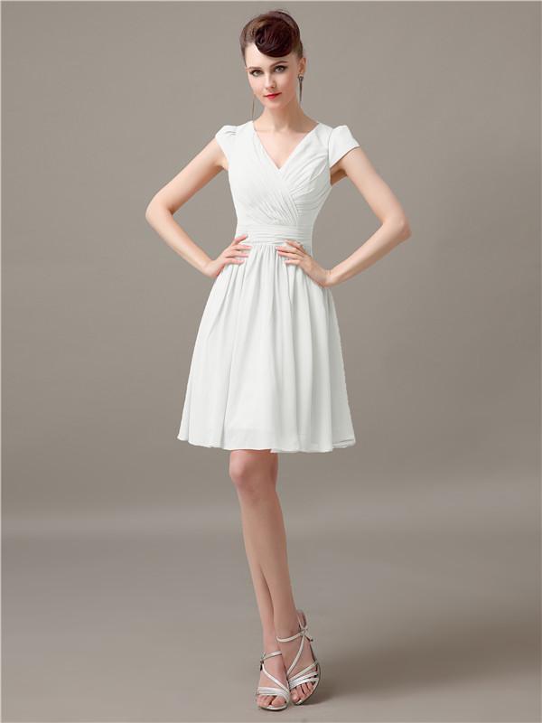 V-Neck Cap Sleeves Chiffon Bridesmaid Dresses