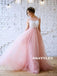A-line Round Neck Cap Sleeves Lace Long Tulle Prom Dresses, PD0625