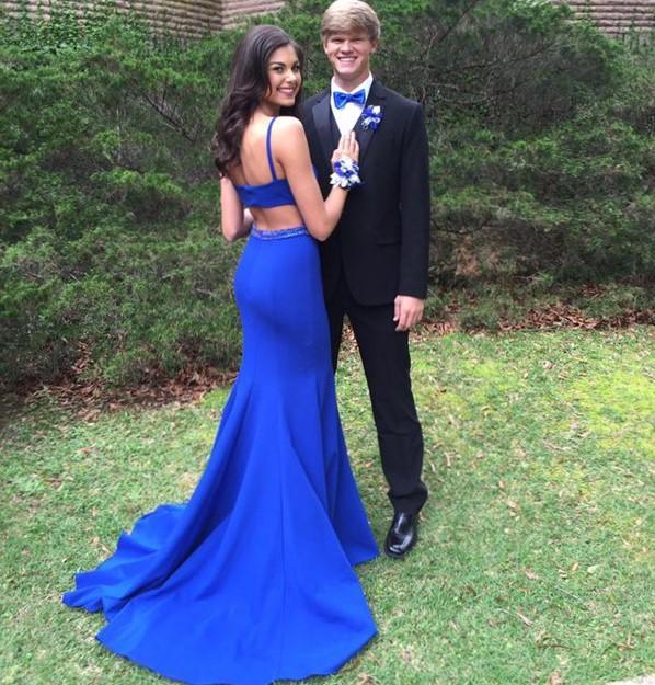 Mermaid Sleeveless Beading Royal Blue Backless Prom Dresses With Train, PD0154