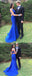 Mermaid Sleeveless Beading Royal Blue Backless Prom Dresses With Train, PD0154