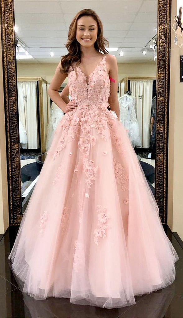 Round Neck V-neck Pink Appliques Open-Back Long tulle Prom Dresses, PD0539