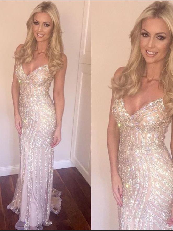 Unique Spaghetti Straps Backless Long Sequins Tulle Prom Dresses, PD0151
