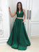 A-line Two Pieces V-neck Green Simple Long Prom Dresses, PD0535