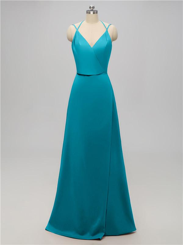 V Neck Satin Floor Length Bridesmaid Dresses