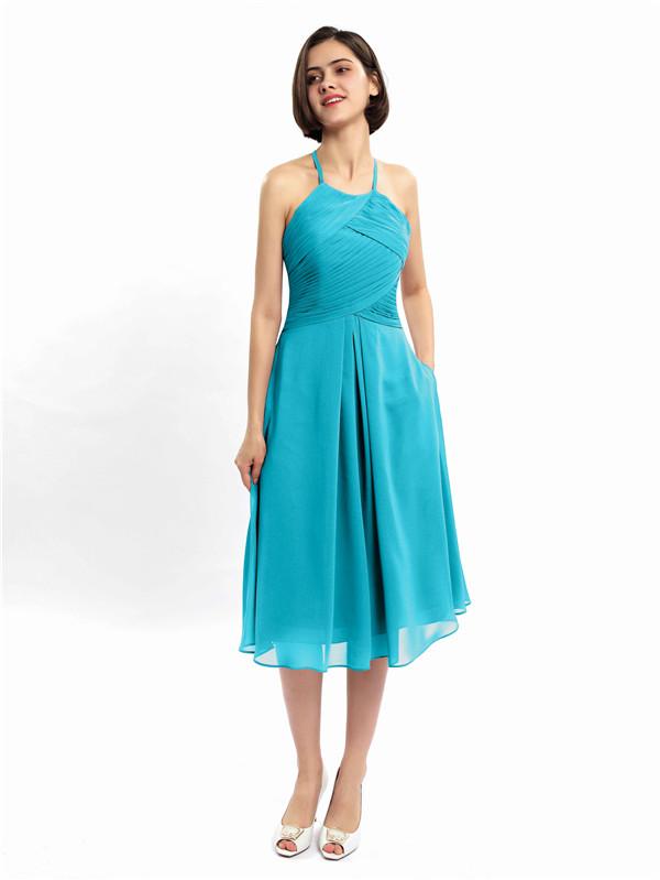 Halter Sleeveless Pleats Bridesmaid Dresses