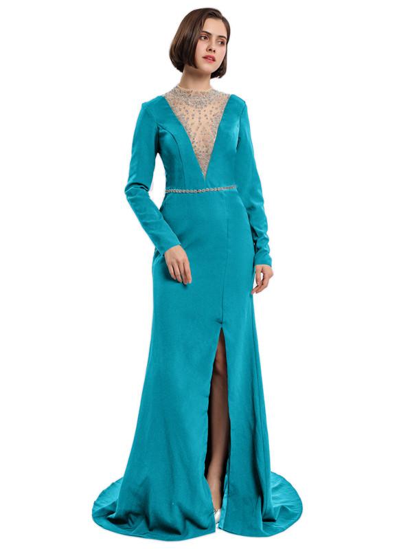 Sheath High-neck Long Sleeves Split Prom Dresses