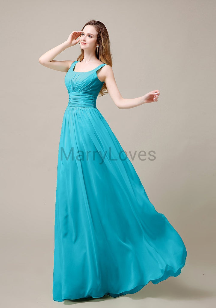 Square Neck Pleats Floor Length Bridesmaid Dresses