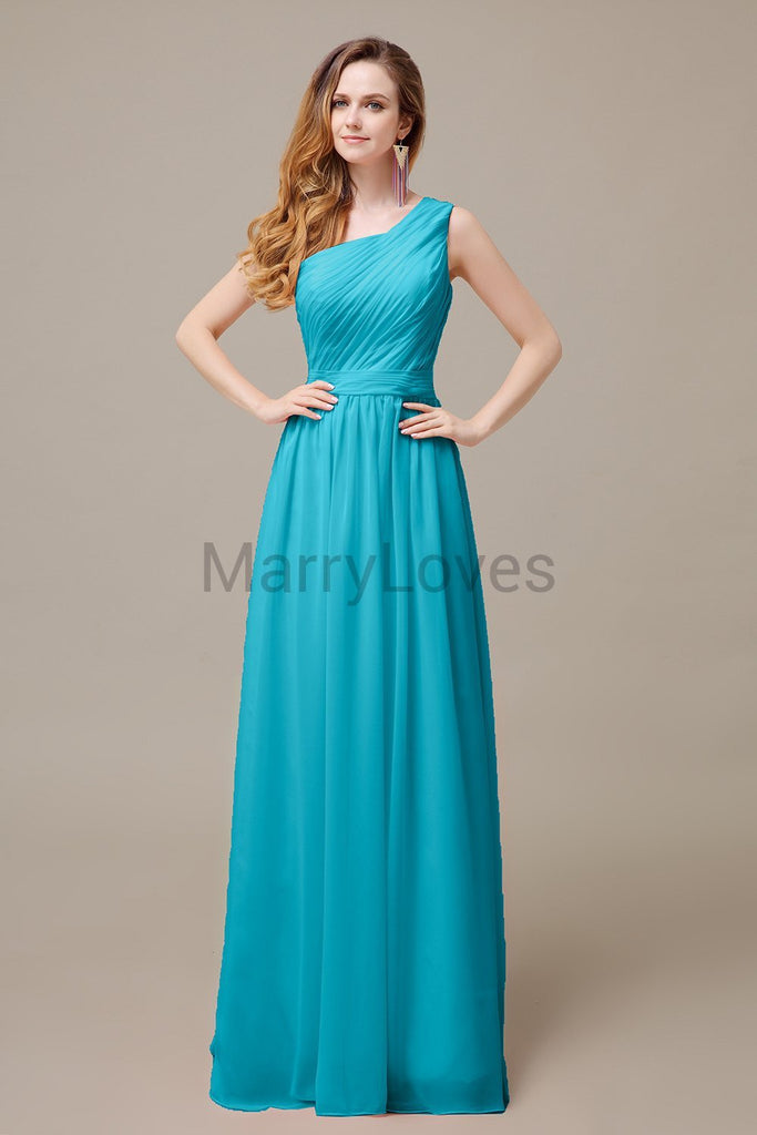 One Shoulder Pleats Floor Length Bridesmaid Dresses