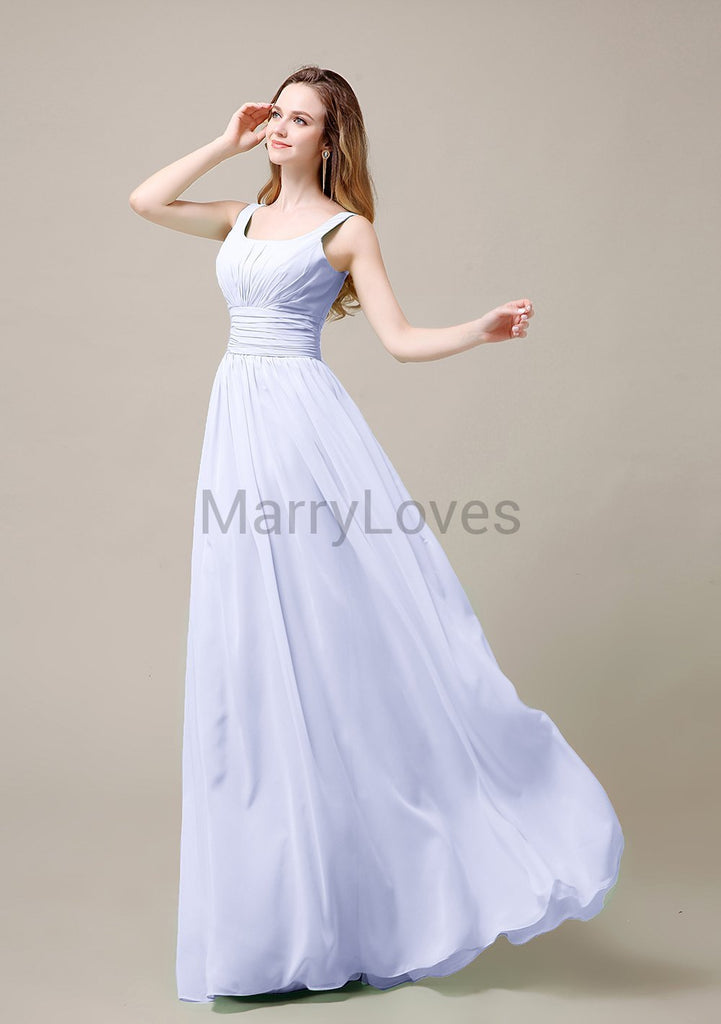 Square Neck Pleats Floor Length Bridesmaid Dresses