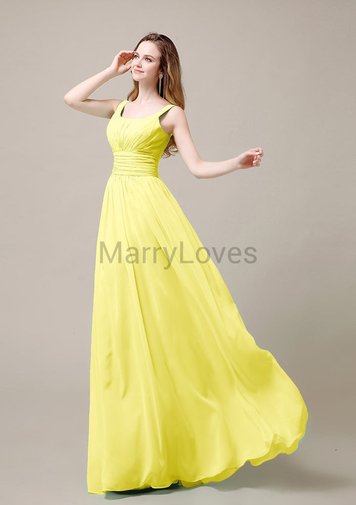 Square Neck Pleats Floor Length Bridesmaid Dresses