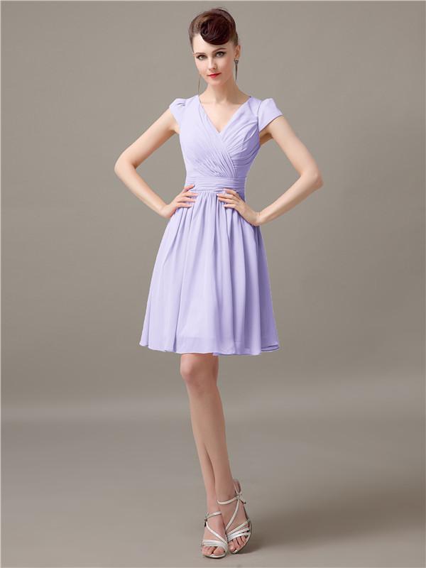 V-Neck Cap Sleeves Chiffon Bridesmaid Dresses