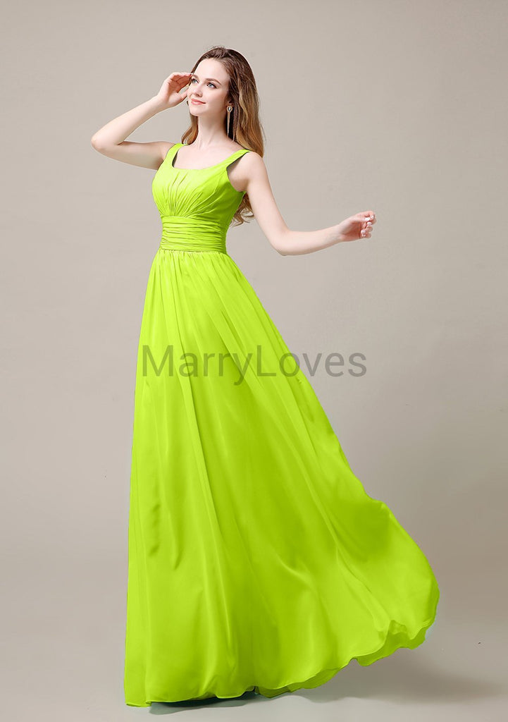 Square Neck Pleats Floor Length Bridesmaid Dresses