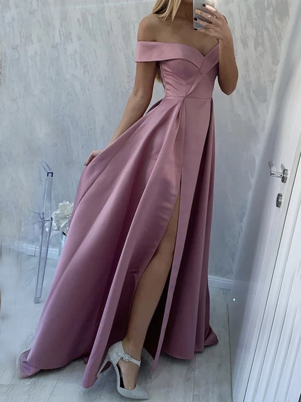 Mermaid Off-Shoulder Satin Long Evening Prom Dresses, MR7009