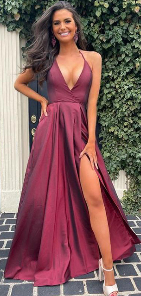 A-Line V Neck Open Back Burgundy evening Long Prom Dresses , MR7010