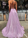 A-line Spaghetti Straps V-neck Lace-up Back Long Prom Dresses, PD0570