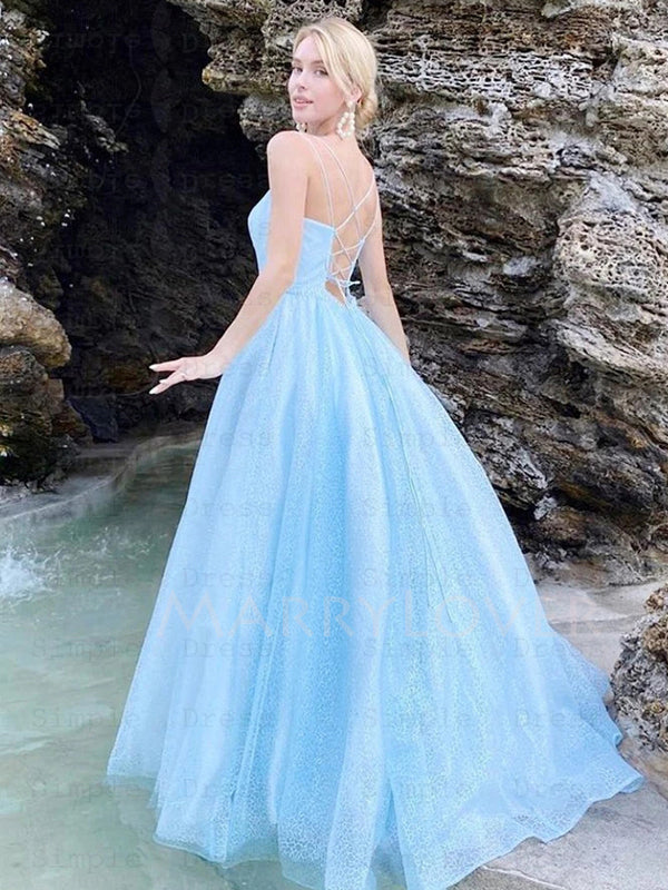 A-Line Fashion Blue Backless Long Evening Prom Dresses, MR7040