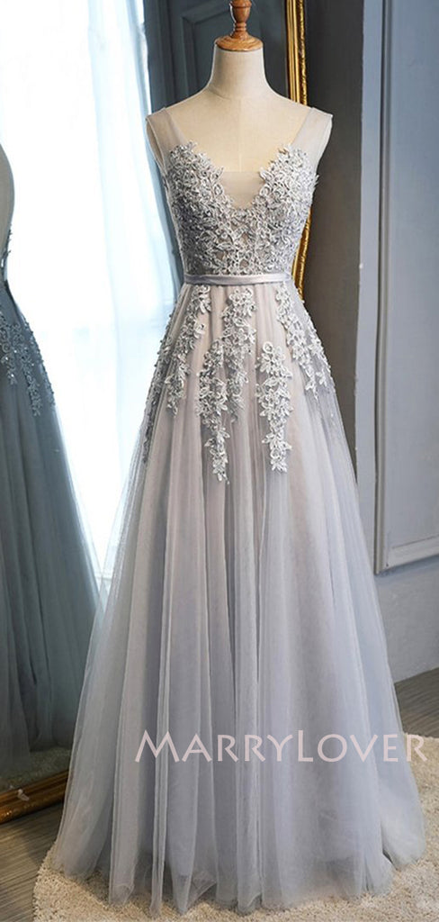 Lace Embroidery V-neck Tulle Floor Length Long Evening Prom Dresses, MR7042