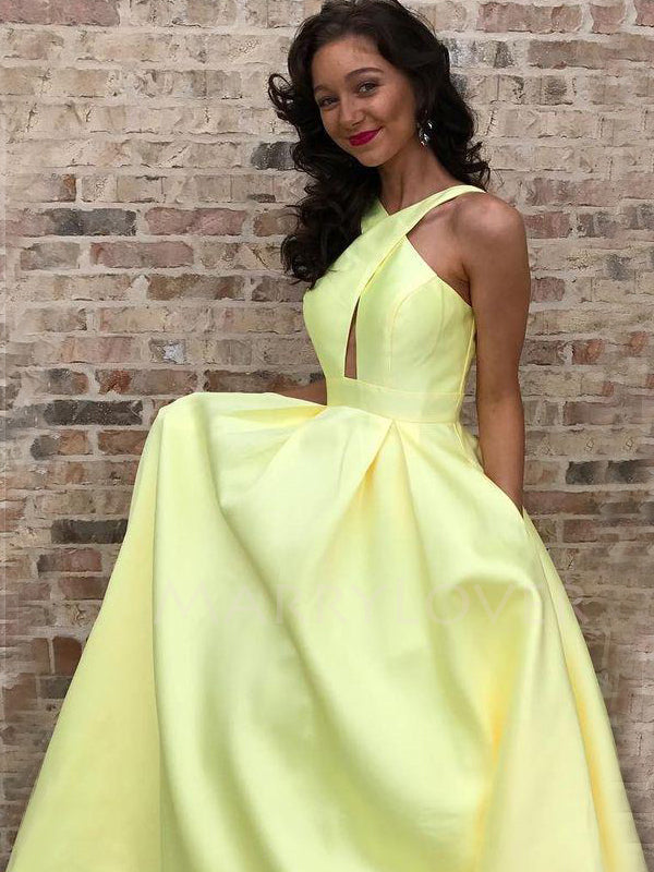 A-Line Backless Satin Long Evening Prom Dresses, MR7043