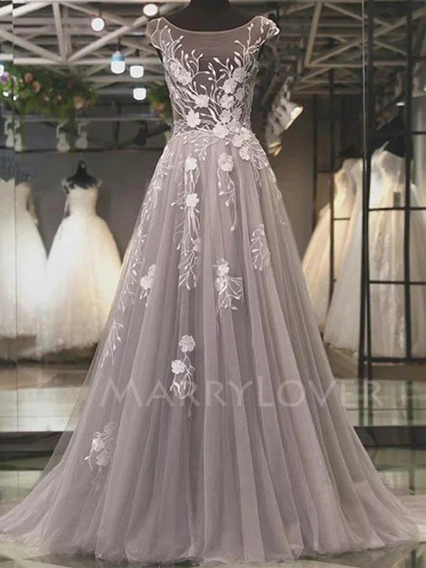 A-Line Lace Long Prom Dresses, Grey Lace Formal Evening Prom Dresses, MR7046