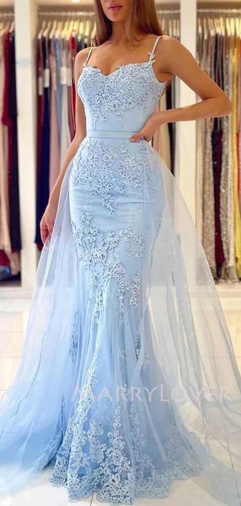 Sexy Mermaid Spaghetti Straps Lace Long Evening Prom Dresses, MR7055