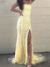 Sexy Mermaid Bcakless Yellow Lace Long Evening Prom Dresses, MR7051