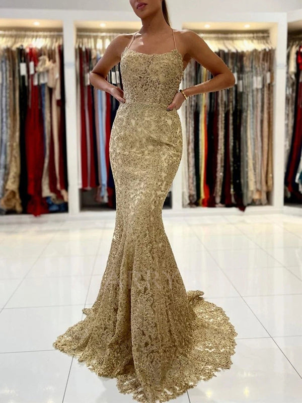 Sexy Mermaid Spaghetti Straps Lace Long Evening Prom Dresses, MR7052