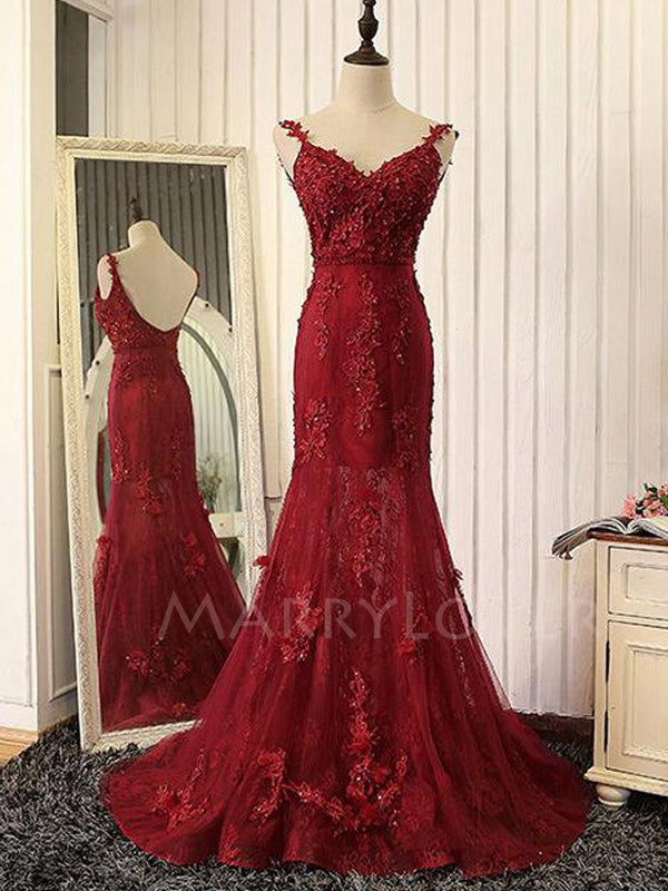Sexy Mermaid Backless burgundy Lace Long Evening Prom Dresses, MR7058