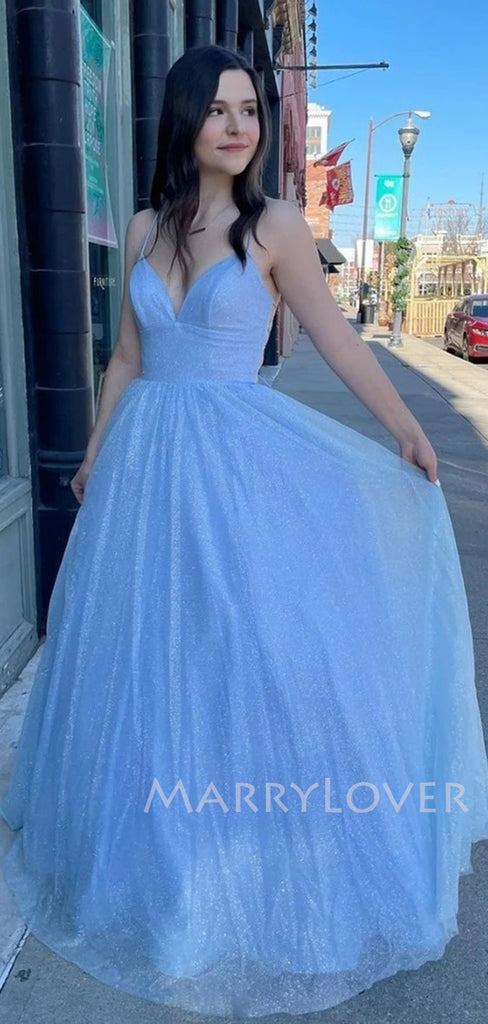 Affordable A-Line Blue Backless Long Evening Prom Dresses, MR7074