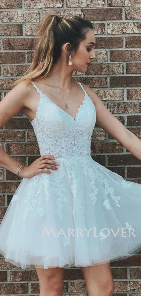 Sexy V neck Light Blue Tulle Skirt Homecoming Dresses, MR7093