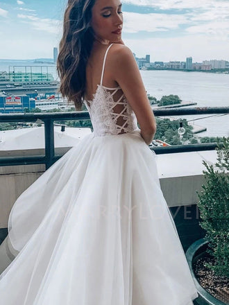 A-Line Long White Lace Evening Prom Dresses, Cheap Custom Wedding Dresses, MR7097