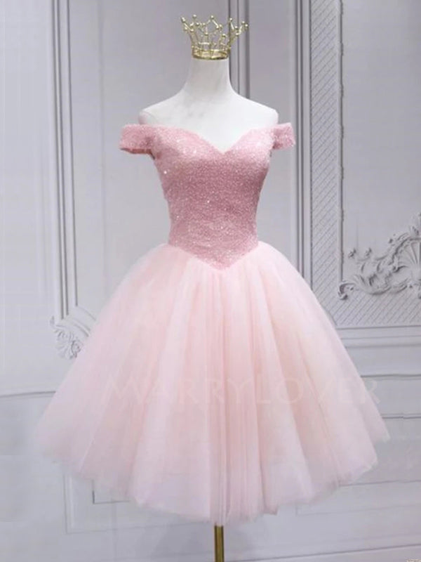 Off Shoulder Short Custom Pink Homecoming Dresses, Cheap Sweet Dresses, MR7100