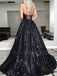 V Neck  Sparkle Black Long Evening Prom Dresses, Cheap Custom Sweet Prom dresses, MR7101