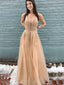 Deep V-neck Tulle Floor Length Lace A-line Long Evening Prom Dresses, MR7120