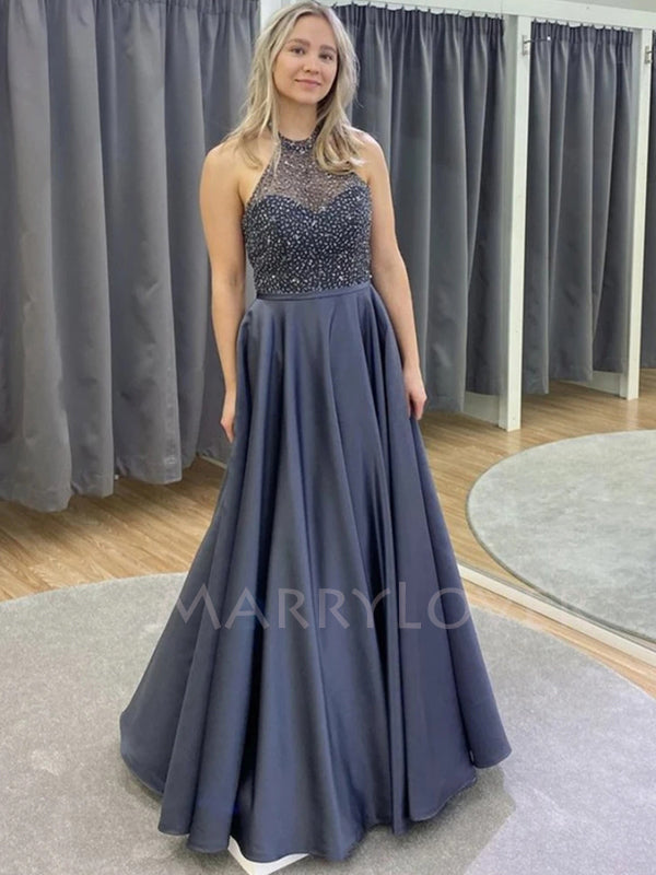 Sexy Halter Rhinestone Beaded Long Evening Prom Dresses, Cheap Sweet Prom Dresses, MR7124