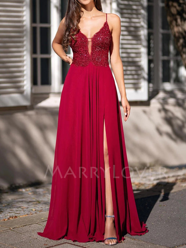 Backless Red Long Chiffon Evening Prom Dresses With Split, MR7125