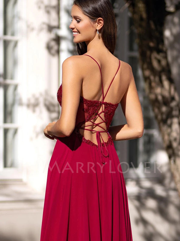 Backless Red Long Chiffon Evening Prom Dresses With Split, MR7125