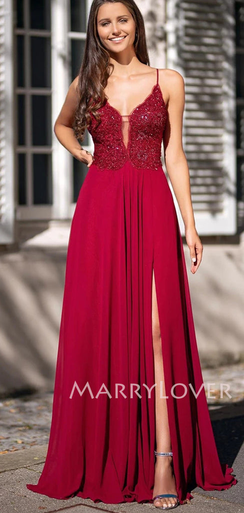 Backless Red Long Chiffon Evening Prom Dresses With Split, MR7125