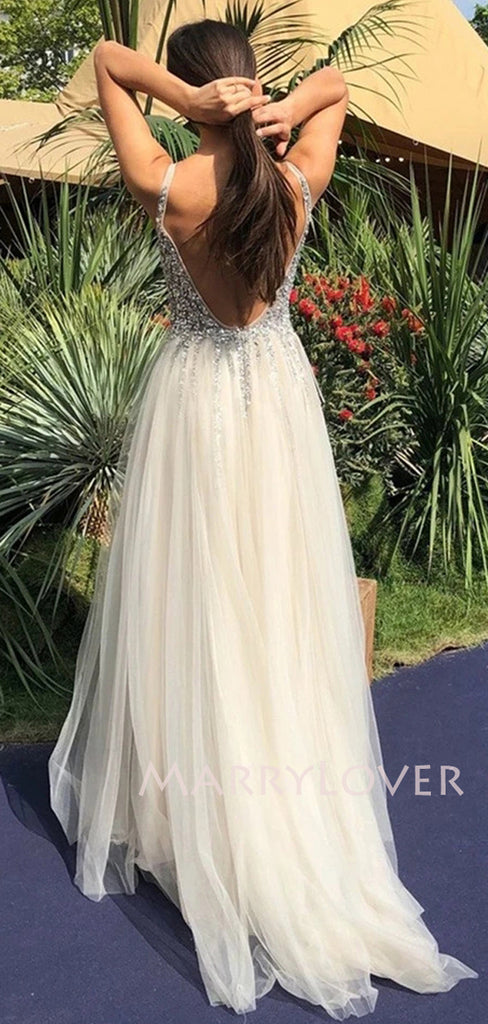 Sweetheart Beaded Deep V Neck Long Backless Evening Prom Dresses, Cheap Custom Prom Dresses, MR7127