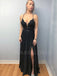 Backless Black Lace Long Chiffon Evening Prom Dresses With Split, V Neck Prom Dresses, MR7132